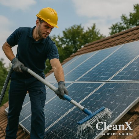 Mann mit Sicherheitshelm reinigt Solarpanel auf einem Dach.