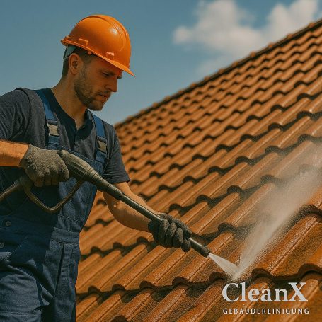 Handwerker reinigt ein Dach mit Hochdruckreiniger, trägt orange Helm und Arbeitskleidung.