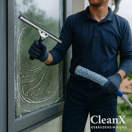 Person mit Abzieher und Rollgerät reinigt ein Fenster.