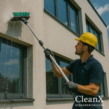 Mann in Helm reinigt Fenster mit einem langen Besen und Wasser.